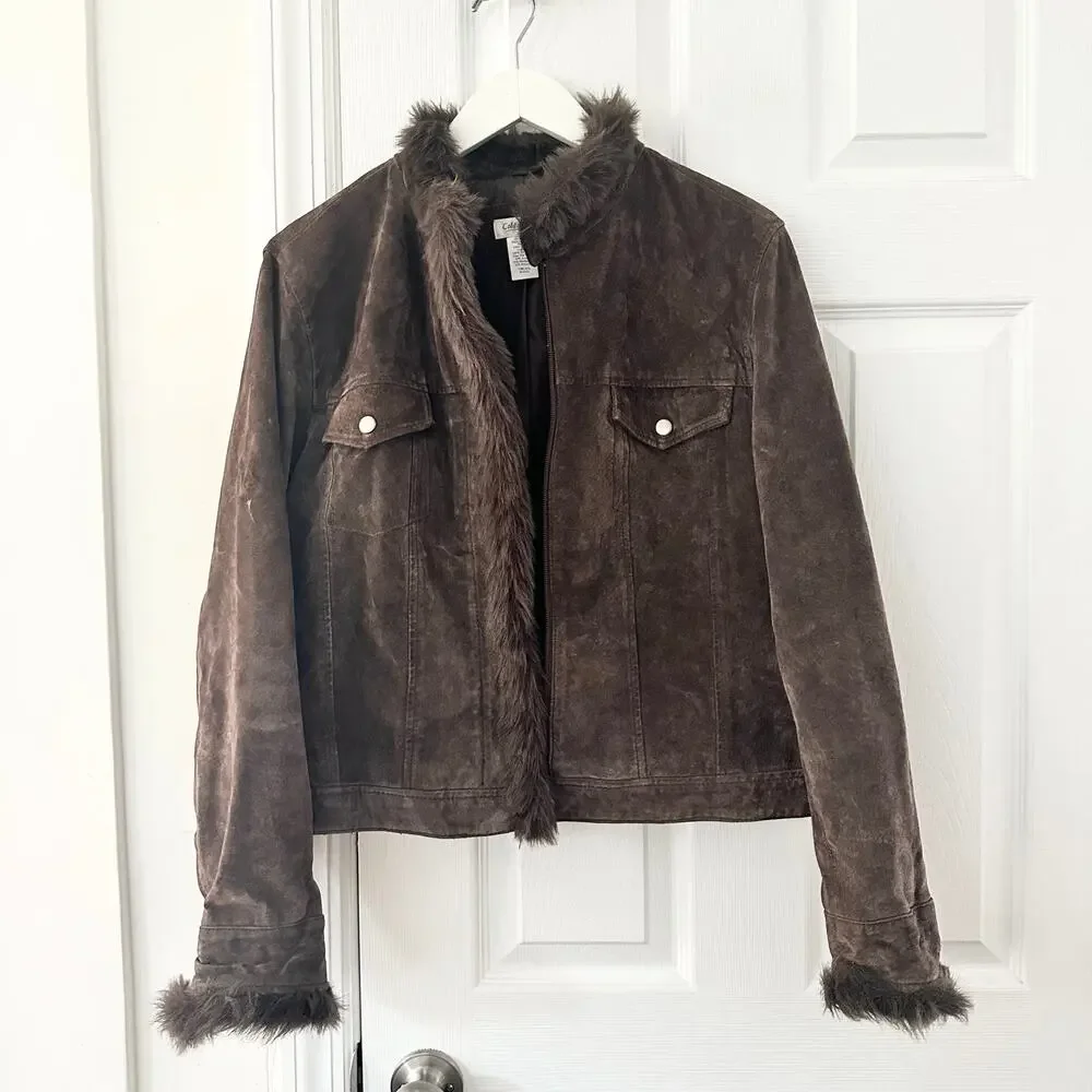 Coldwater Creek Chocolate Brown Suede Fur Trim Zip Trucker Jacket Y2K Vintage L - Picture 6 of 9
